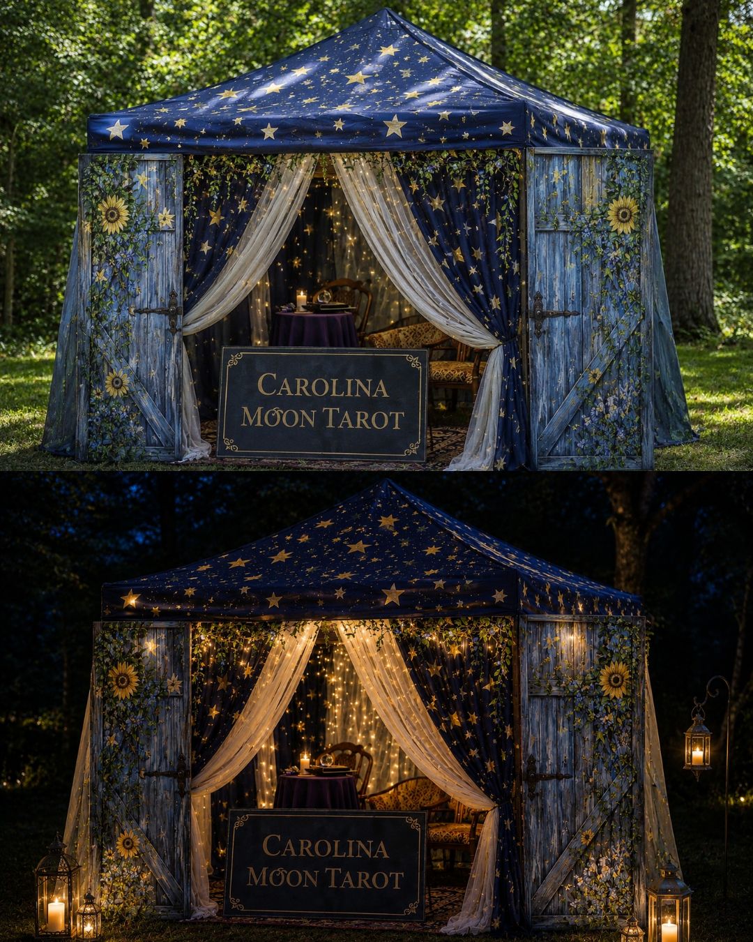 Outdoor tarot entertainment booth in Summerville and Charleston SC designed for birthdays, bridal showers, festivals, and private events.