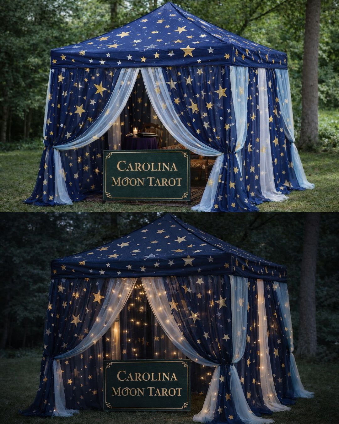 Interactive tarot card reading tent with candles, crystals, and immersive décor for Charleston South Carolina parties and wedding receptions.