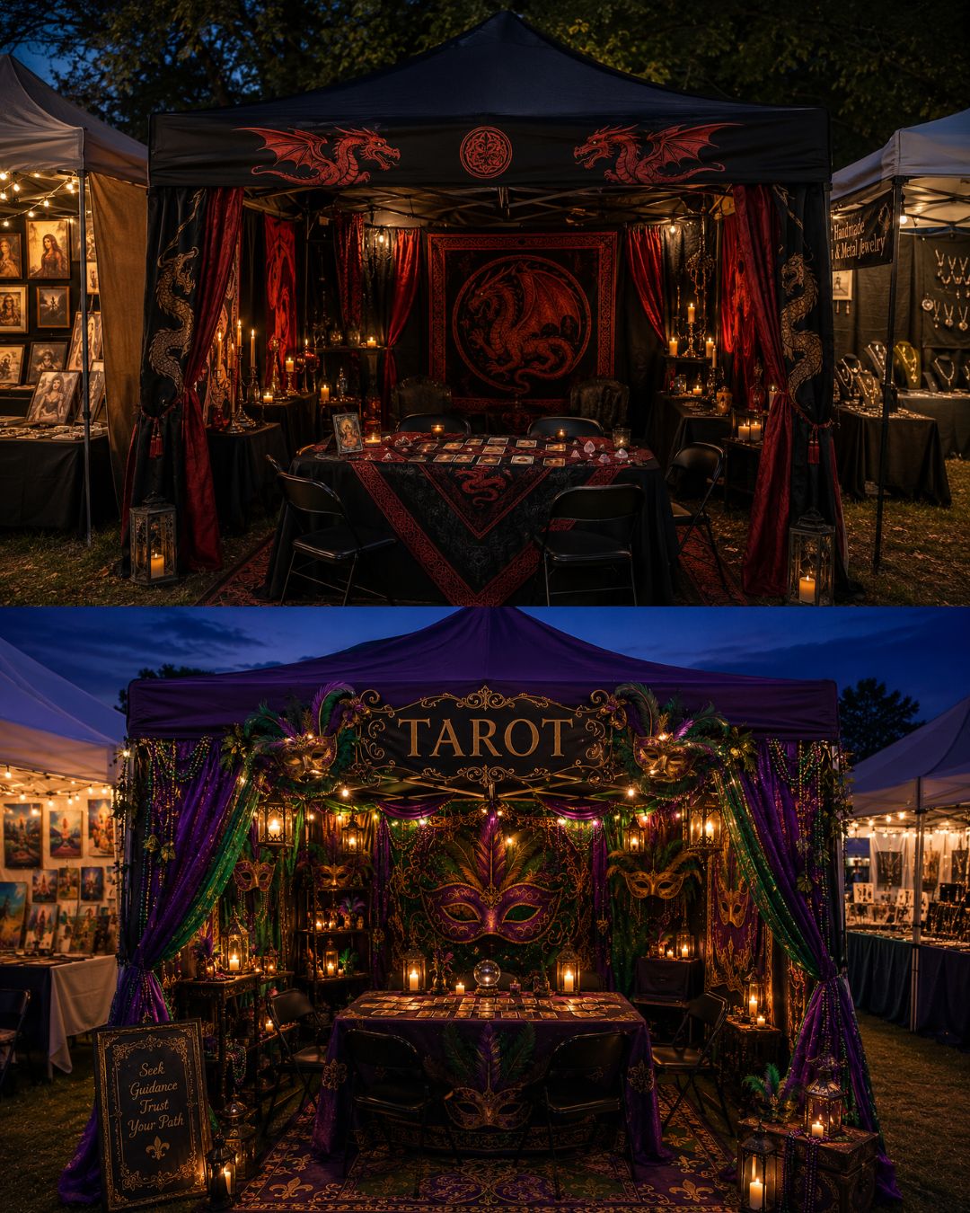 Mystical tarot reader booth at a South Carolina craft fair featuring fantasy-inspired décor, soft lighting, and intimate reading space.