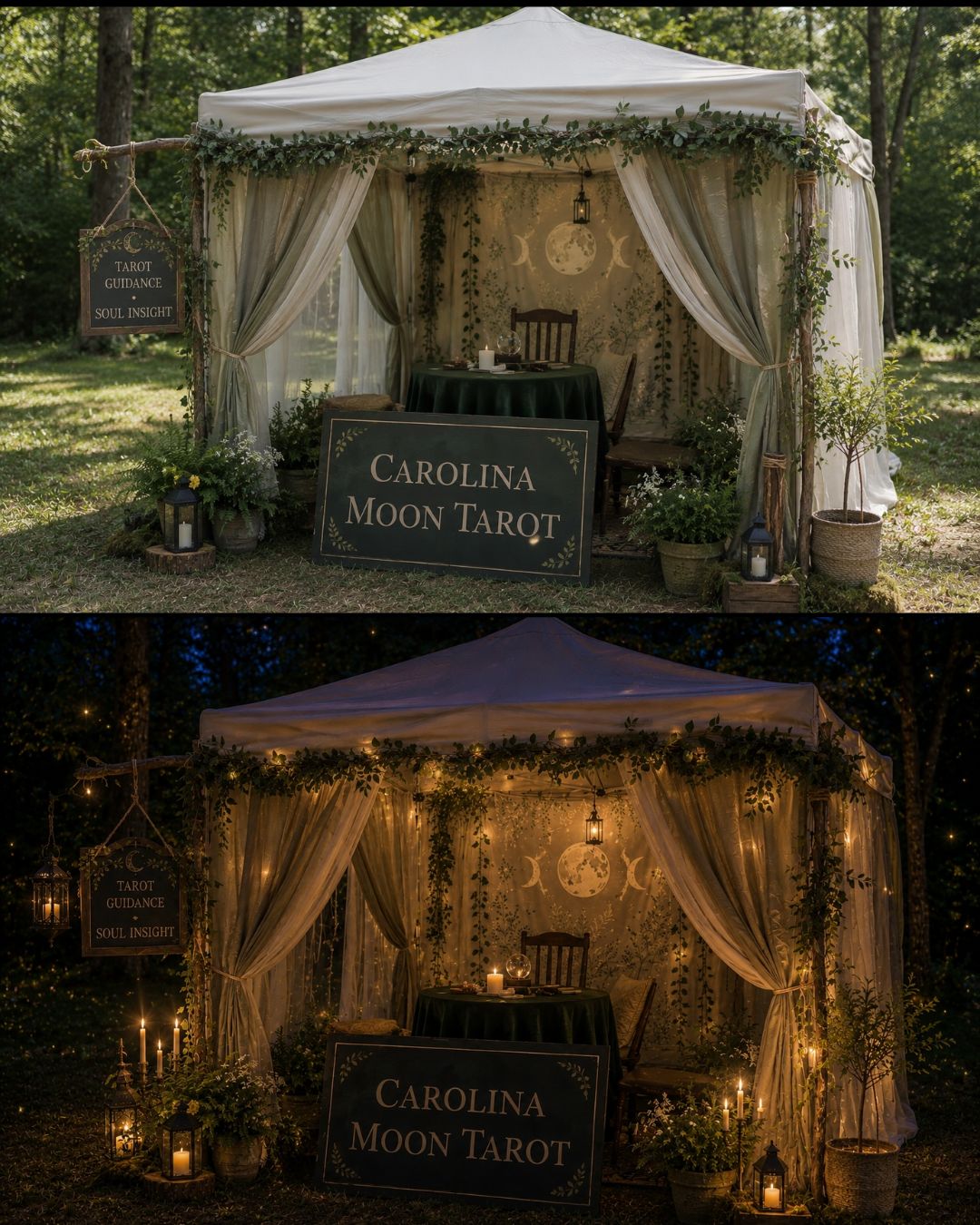 Elegant tarot reader booth for Charleston SC event entertainment featuring glowing lights, floral décor, and private tarot card readings for guests.